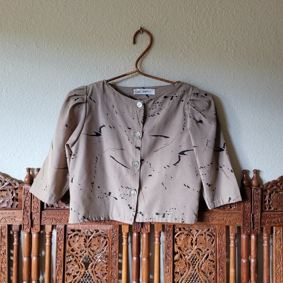 Vintage 80s Neutral Paint Splatter Shoulder Pad Skirt Set Suit Separates - Picture 2 of 11